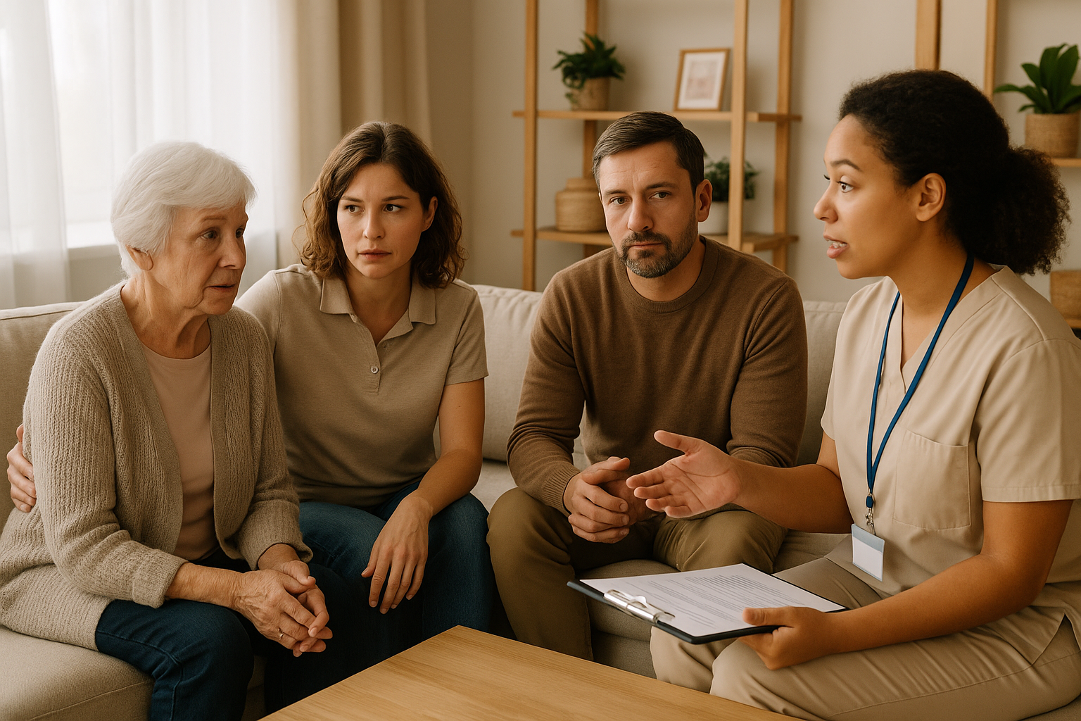 A family meeting with a caregiver and medical professional discussing care plans, symbolizing the process of choosing the right in-home care and coordinating support for the senior.