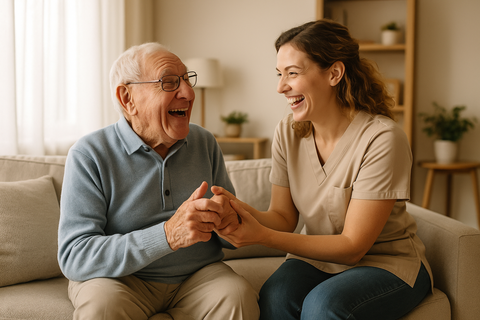 A heartwarming scene showing a senior engaged in a joyful social interaction with a caregiver or family member, highlighting the benefits of companionship, independence, and personalized care.
