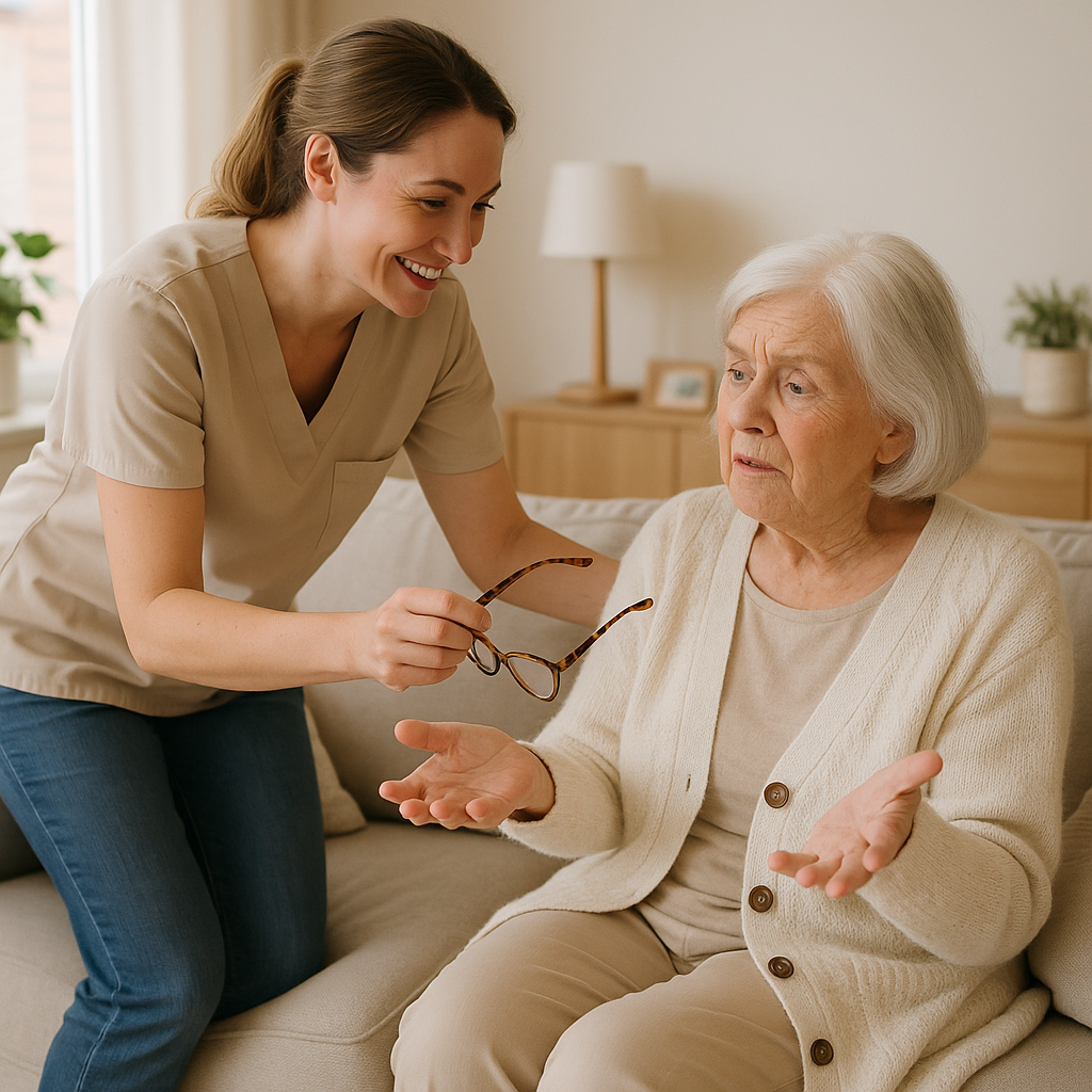 A warm and compassionate caregiver assisting an elderly woman at home, helping her find her glasses with a friendly smile.