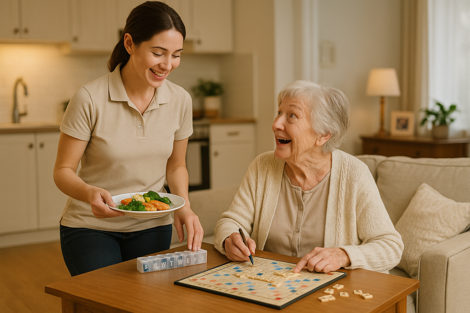 A caregiver performing key non-medical home care services such as meal preparation, medication reminders, light housekeeping, and companionship activities like playing a game or having a conversation.