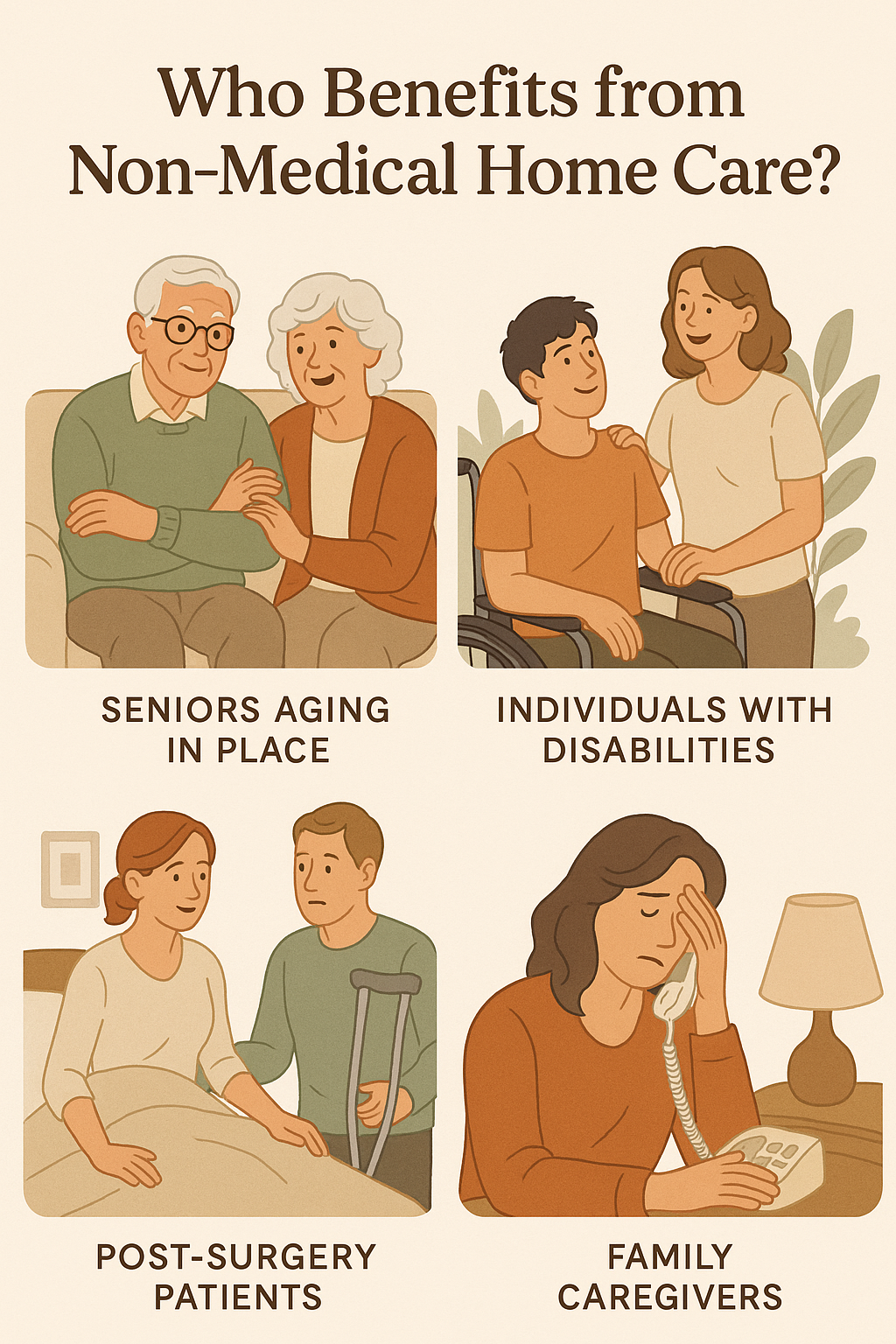 An infographic-style illustration showing different groups benefiting from non-medical home care: seniors aging in place, individuals with disabilities, post-surgery patients, and family caregivers.