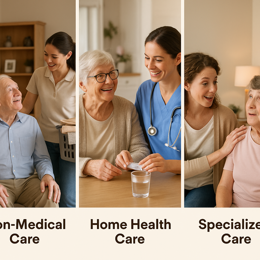 A collage illustrating the three main types of in-home care services: a caregiver helping with daily tasks (non-medical care), a licensed nurse providing medical support (home health care), and a specialized caregiver offering memory care (specialized care).